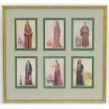 Six chromolithographs depicting women in traditional dress of the Middle East, framed together. Each