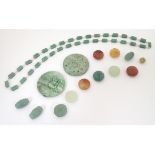 A jade necklace set with rectangular beads and pearls approx 28'' long together with 2 carved jade