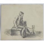 XIX, Pencil on card, A study of a young man seated at village stocks. Indistinctly signed Mifs