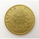 A French Republic 20 franc gold coin, 1860, approx. 6.45g Please Note - we do not make reference