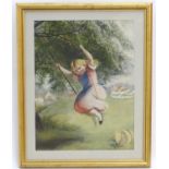 Manner of David Hardy, XX, Watercolour, A young girl on a swing in a pink dress, with a village