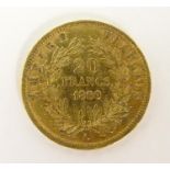 A French Republic 20 franc gold coin, 1860, approx. 6.45g Please Note - we do not make reference