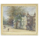 XX, English School, Watercolour, Alderley Edge, Cheshire, A naive scene depicting a village street