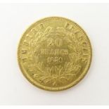 A French Republic 20 franc gold coin, 1859, approx. 6.45g Please Note - we do not make reference