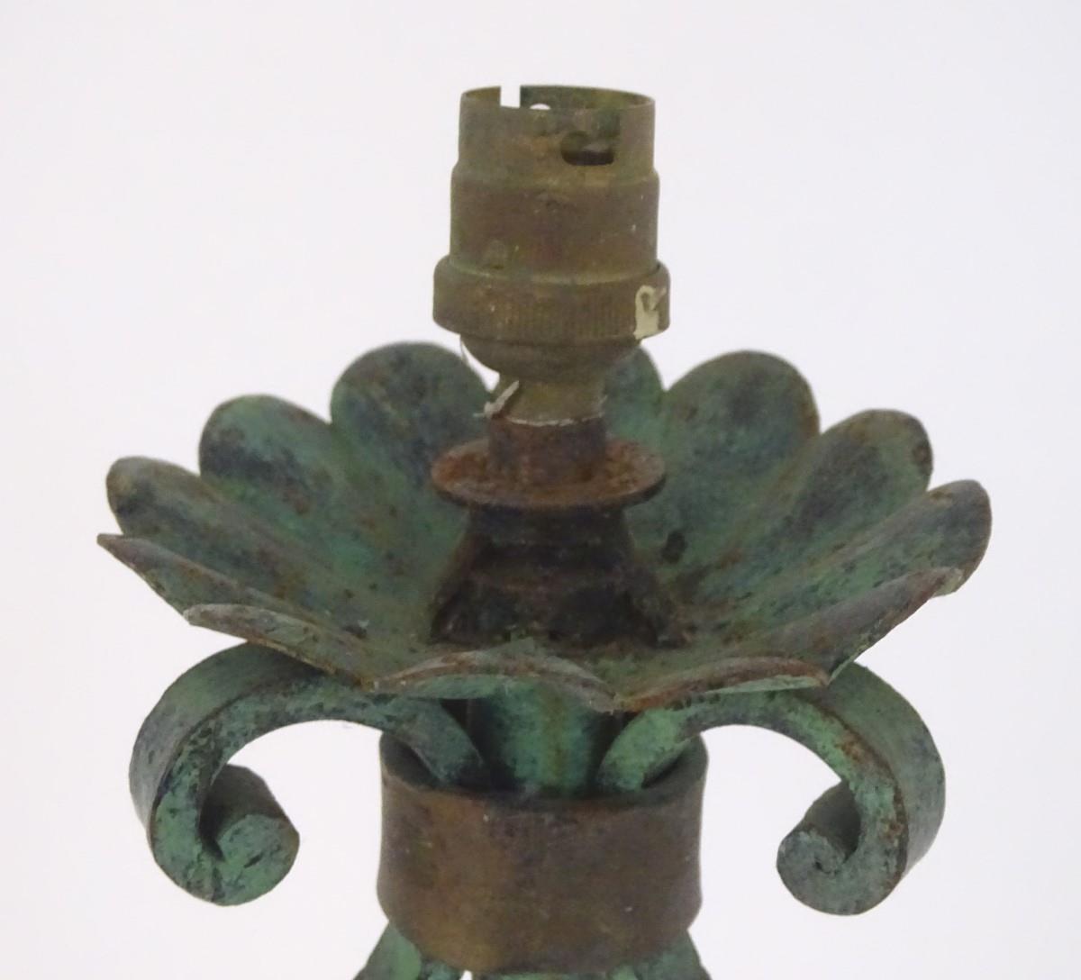 A late 19th / early 20thC wrought iron standard lamp with a verdisgris finish and gilt foliate - Image 5 of 9