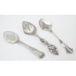 Three various silver plate jam / preserve spoons / pate spreader, one with squirrel decoration to