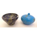 A small turquoise hardstone lidded pot with gold splash detail, together with a blue john table