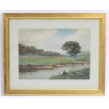 W.T. Lincoln, XX, Watercolour, A landscape scene depicting a man fishing on a river bank, with