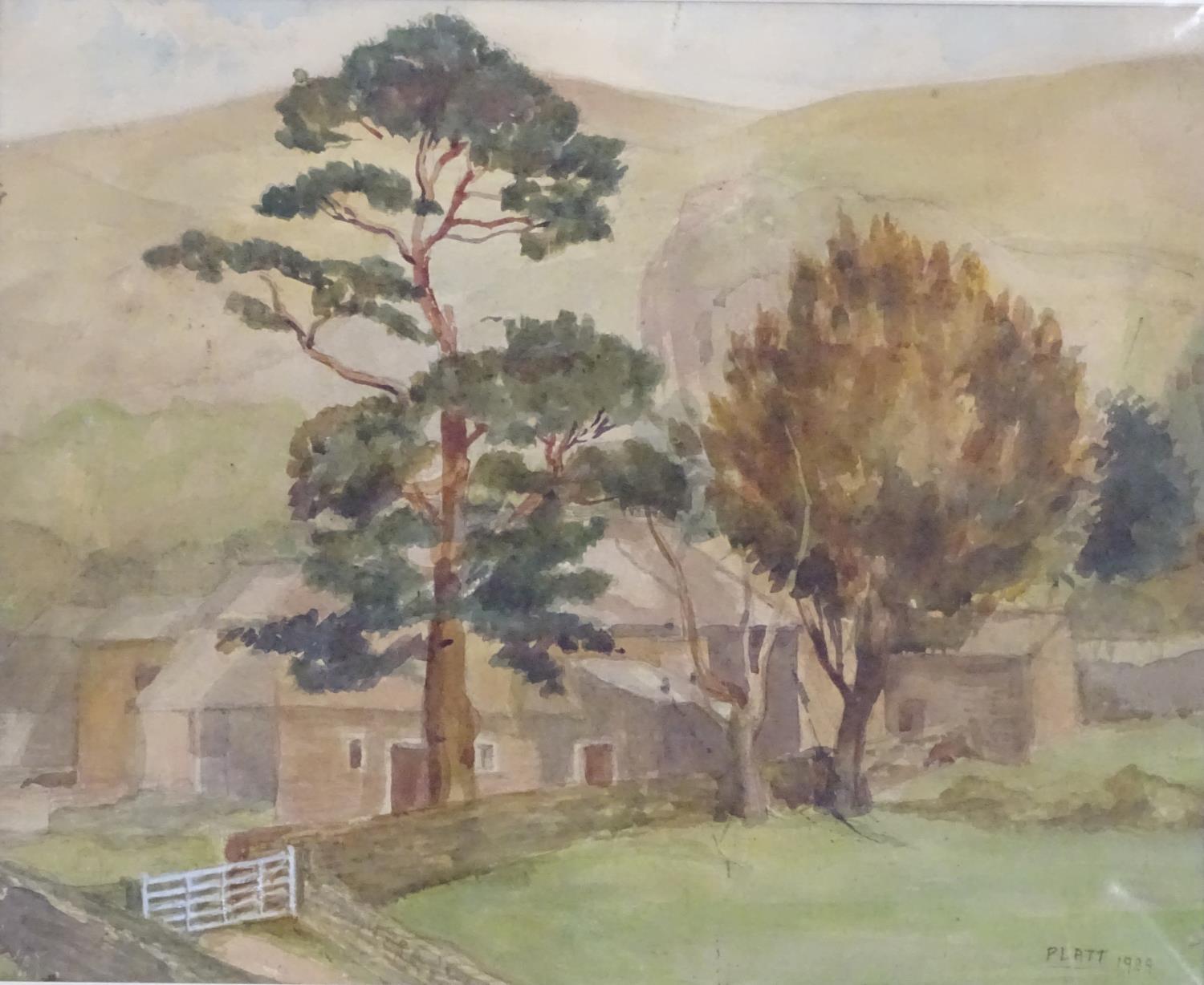 Joyce Platt, XX, Watercolour, Study for Creswick, A farmstead in a landscape with hills beyond. - Image 3 of 6
