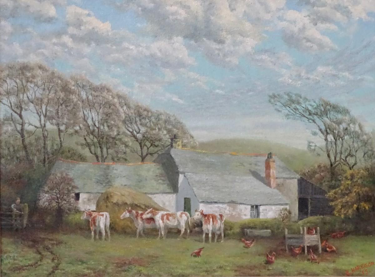 E (G W) Harrison, 1955, Oil on canvas, Farm, Bodmin Moor, A landscape with a farmhouse, with - Image 2 of 4