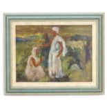 Indistinctly signed, XX, Oil on board, A Middle Eastern / Indian landscape scene with a figure being