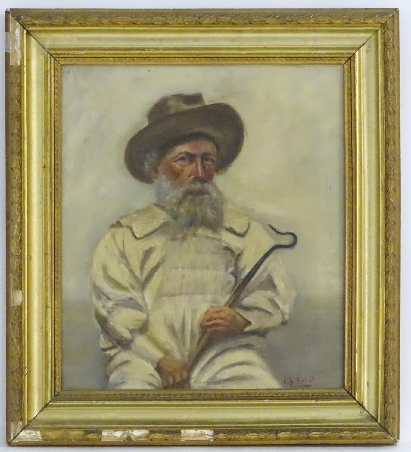 A. J. Metral, XX, Oil on canvas, A portrait of a shepherd, a bearded man in a hat, holding a