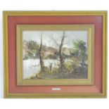 R. Monti, XX, Italian School, Oil on board, A figure on the wooded bank of a river. Signed lower