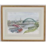 Peacock, XX, English School, Watercolour, Newcastle Quays from the High Level Bridge. Signed and