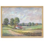 Byron Winston Warmby (1902-1978), Oil on board, A rural landscape view with a farm, fields and a