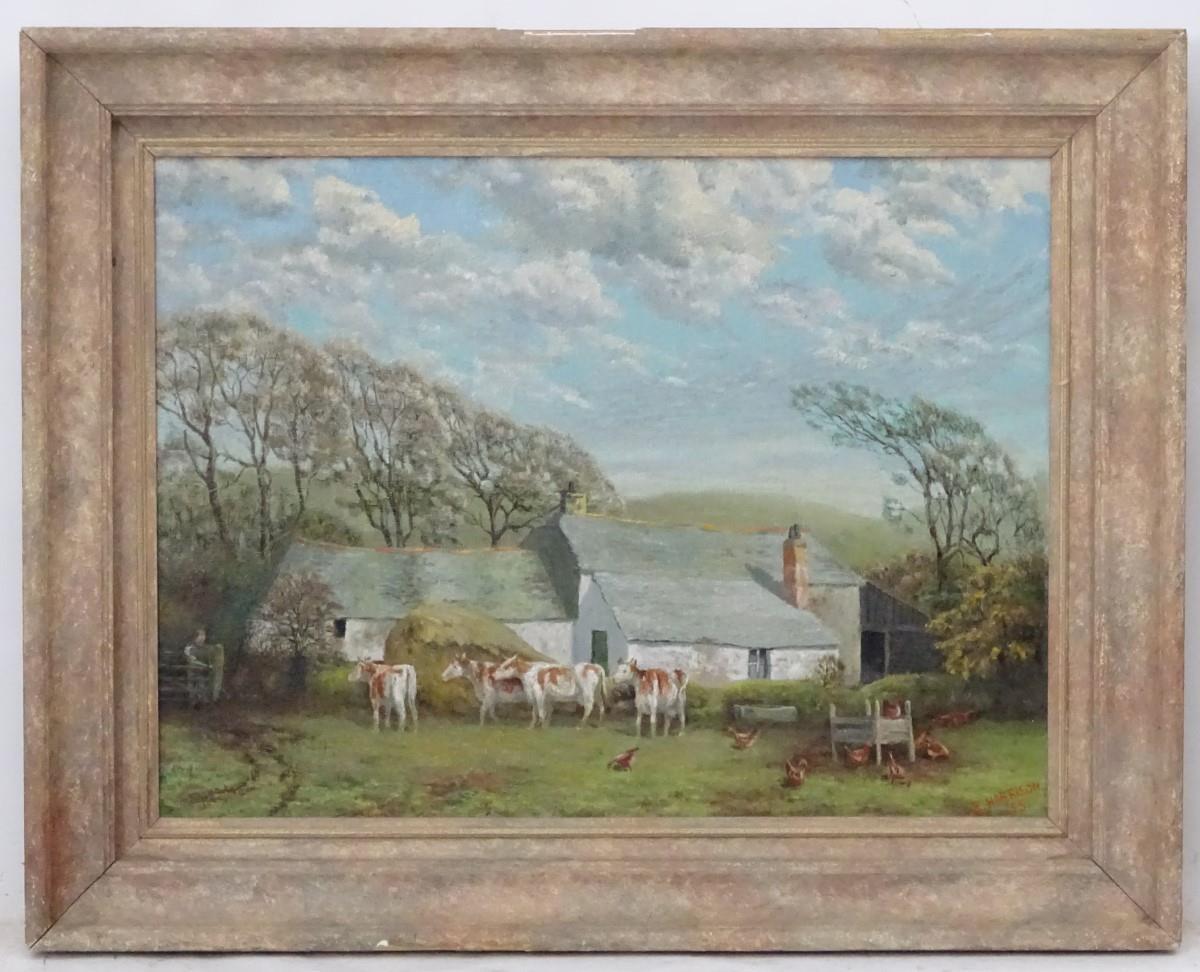 E (G W) Harrison, 1955, Oil on canvas, Farm, Bodmin Moor, A landscape with a farmhouse, with