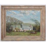 E (G W) Harrison, 1955, Oil on canvas, Farm, Bodmin Moor, A landscape with a farmhouse, with