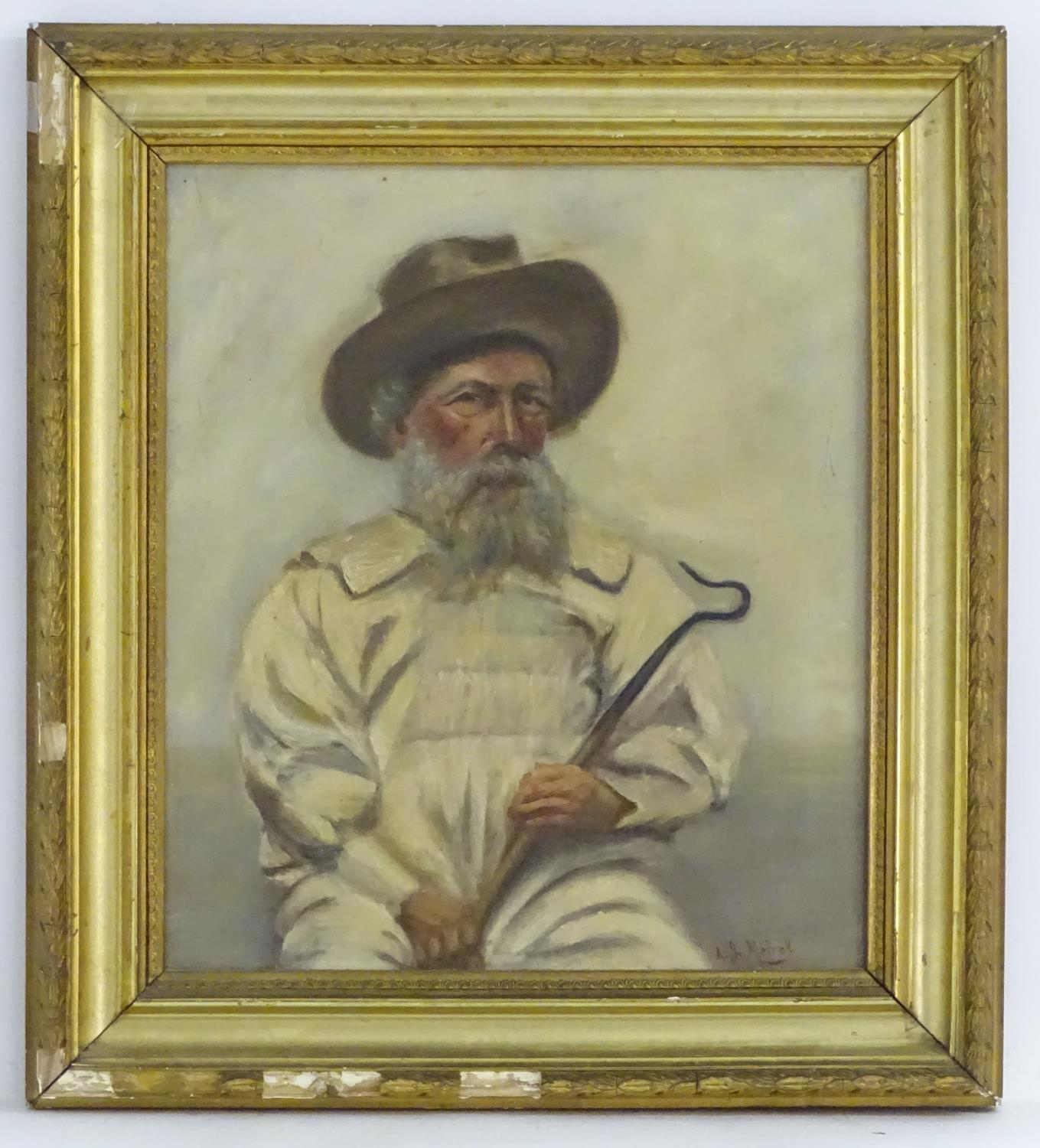 A. J. Metral, XX, Oil on canvas, A portrait of a shepherd, a bearded man in a hat, holding a - Image 3 of 5