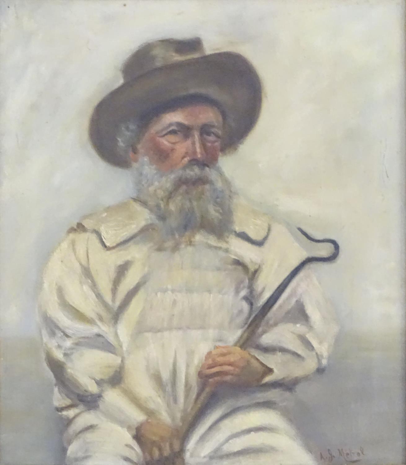 A. J. Metral, XX, Oil on canvas, A portrait of a shepherd, a bearded man in a hat, holding a - Image 4 of 5