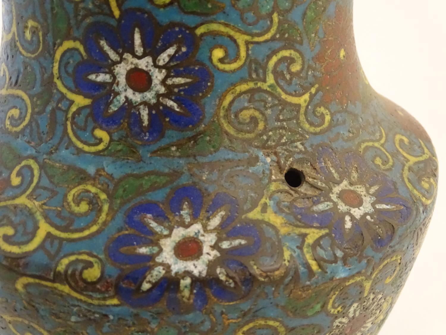 A 19th / 20thC oriental cloisonne enamel vase of baluster form with scrolling floral and foliate - Image 6 of 8