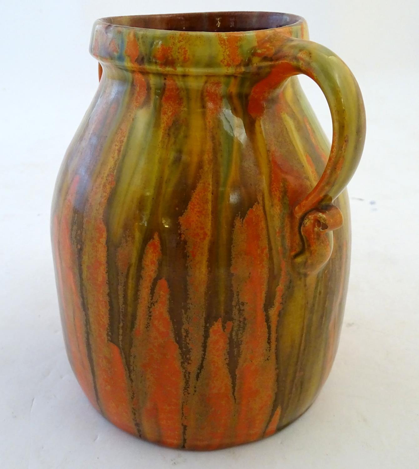 A Brannam of Barnstaple twin handled Barum ware vase with and orange and ochre drip glaze, the - Image 4 of 8