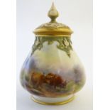 A Royal Worcester pot pourri pot and cover, the body having hand painted decoration depicting