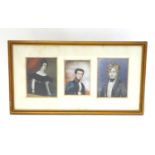 Three 19thC English portrait miniatures mounted as one, depicting two gentlemen and a woman,