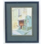 Geoff Hayes, XX, Watercolour, Midday, Ille-sur-Tet, A French street corner scene, with signs for Rue