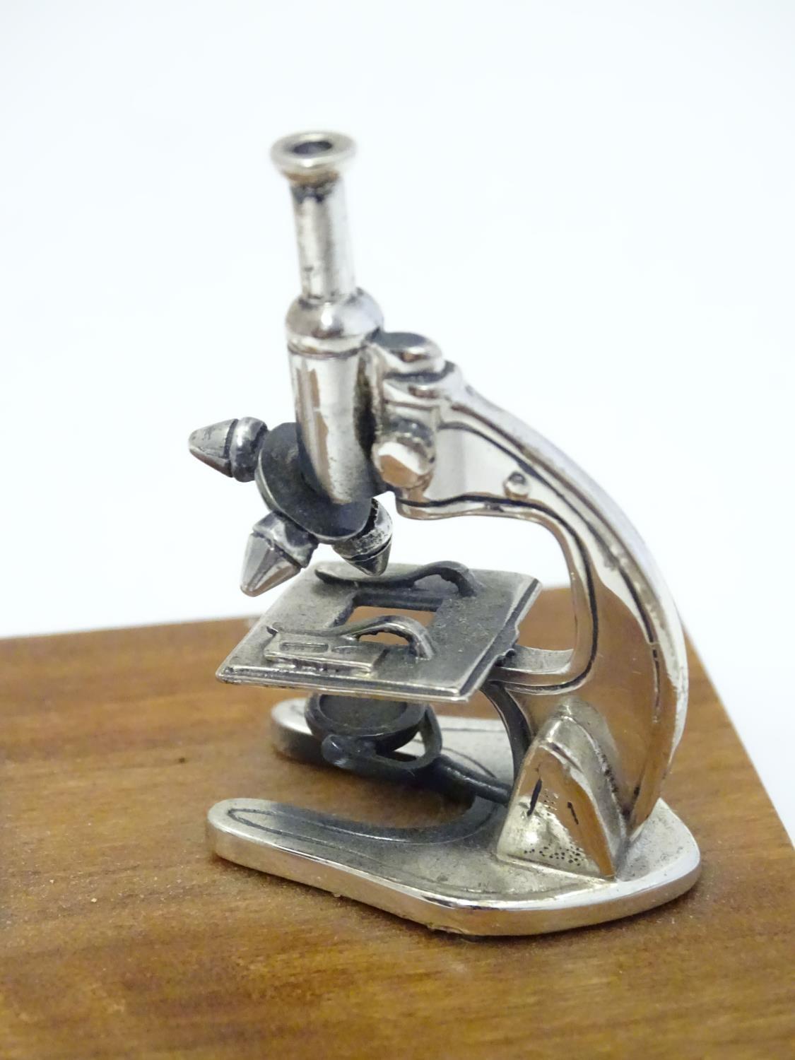 A Continental .925 silver miniature model of a microscope etc. mounted on a wooden base. Approx. - Image 7 of 8