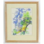 XX, Wax crayon on paper, An abstract landscape scene with a church and trees. Approx. 14 1/4" x