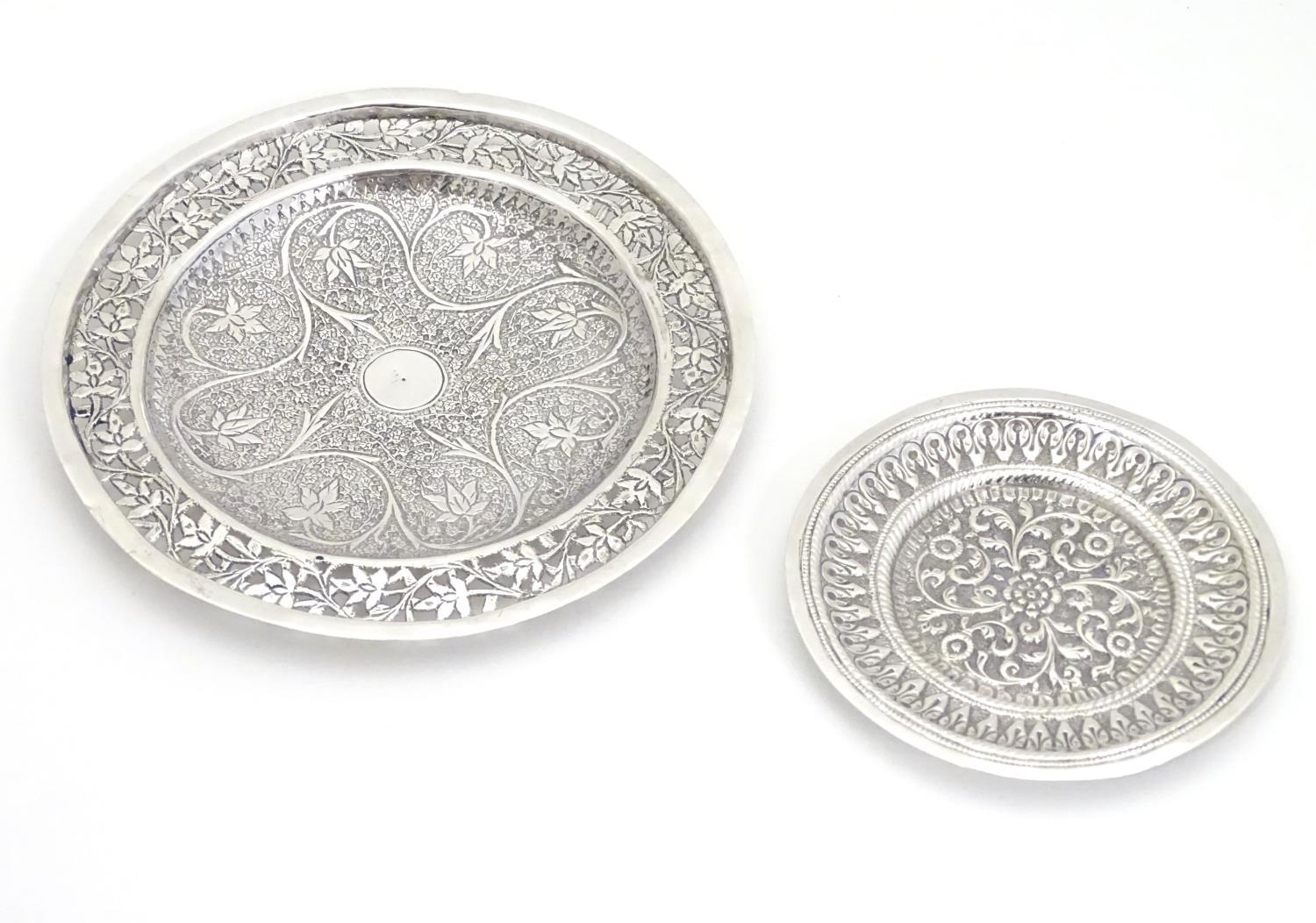Two white metal dishes with floral and foliate decoration. The largest 6" diameter Please Note - - Image 3 of 7