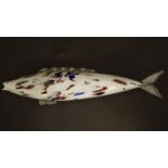 A Murano glass model of a fish, decorated in white with red and blue flecks. 18 1/4" long Please