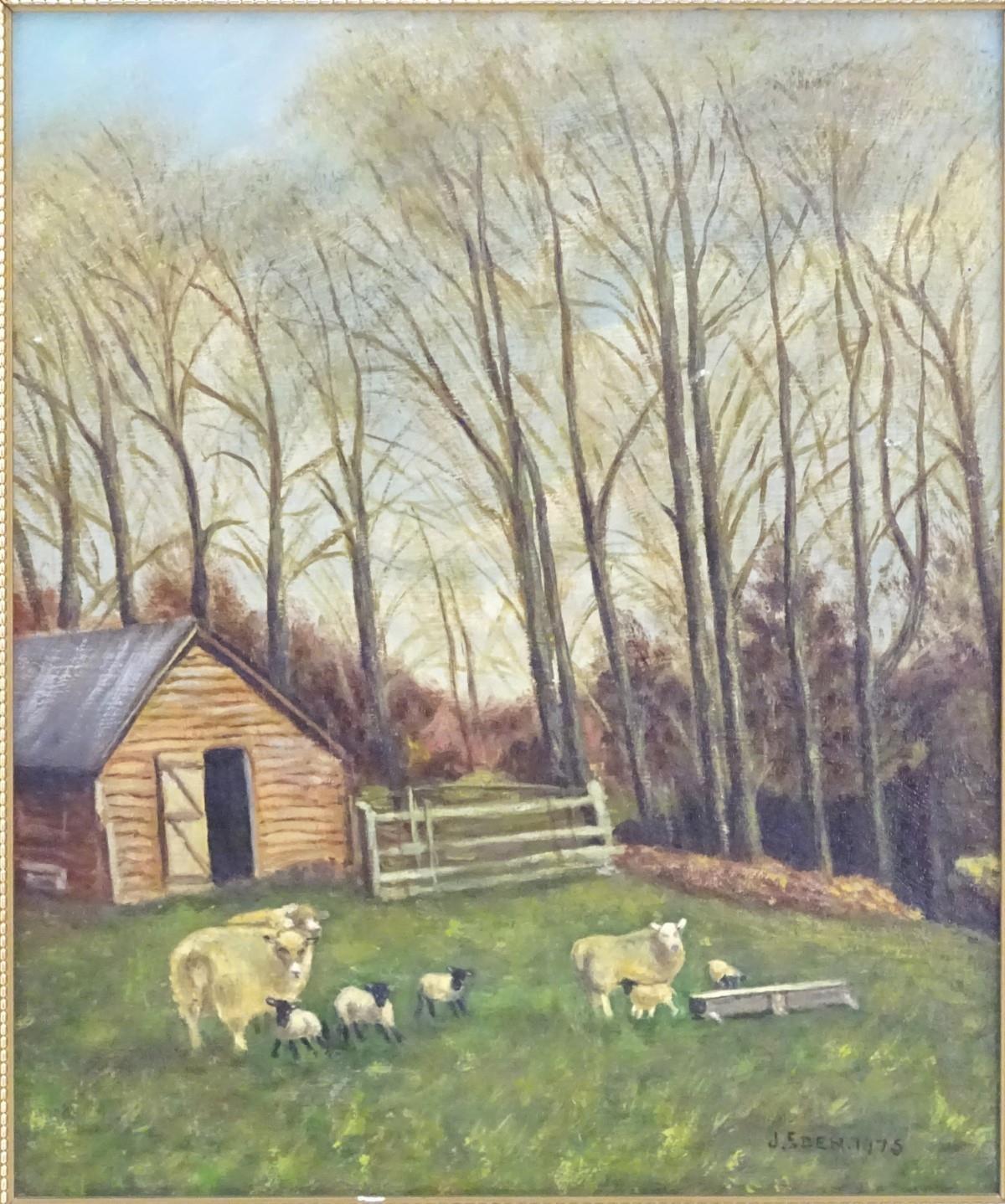 J. Eden, XX, English School, Oil on board, A naive depiction of sheep with their lambs on a farm, - Image 4 of 5