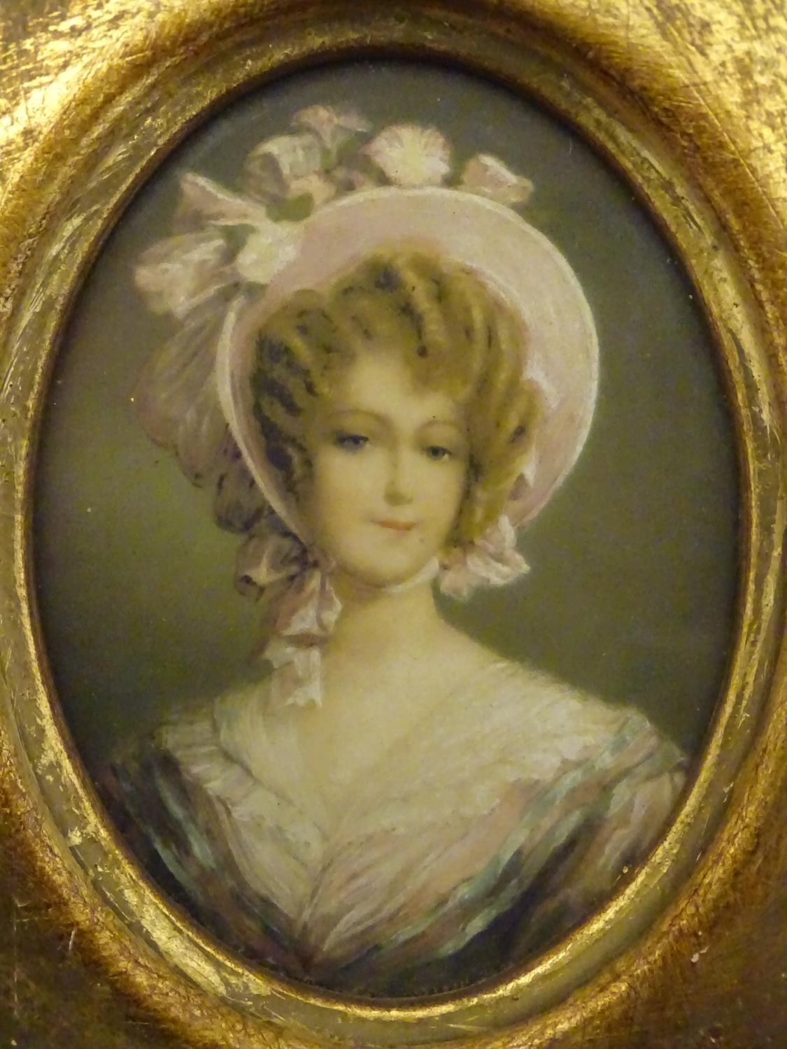 A pair of framed 20thC Continental coloured prints depicting miniature portraits of ladies wearing - Image 5 of 9