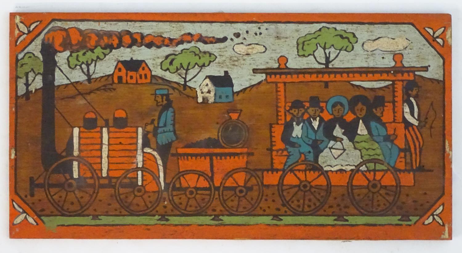 American School, XX, Mixed media on wood panel, A naive folk art landscape scene with figures on - Image 3 of 4