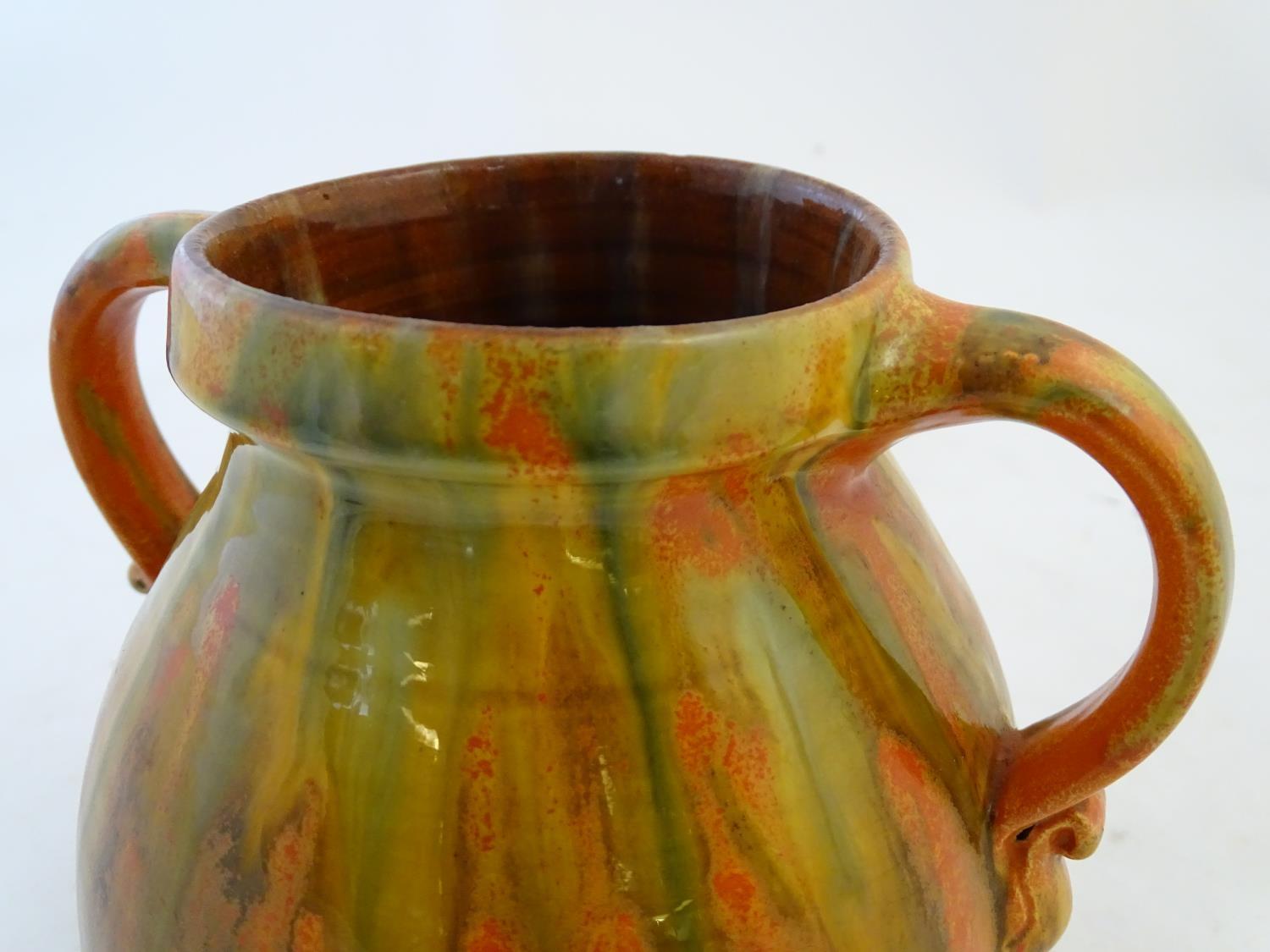 A Brannam of Barnstaple twin handled Barum ware vase with and orange and ochre drip glaze, the - Image 6 of 8