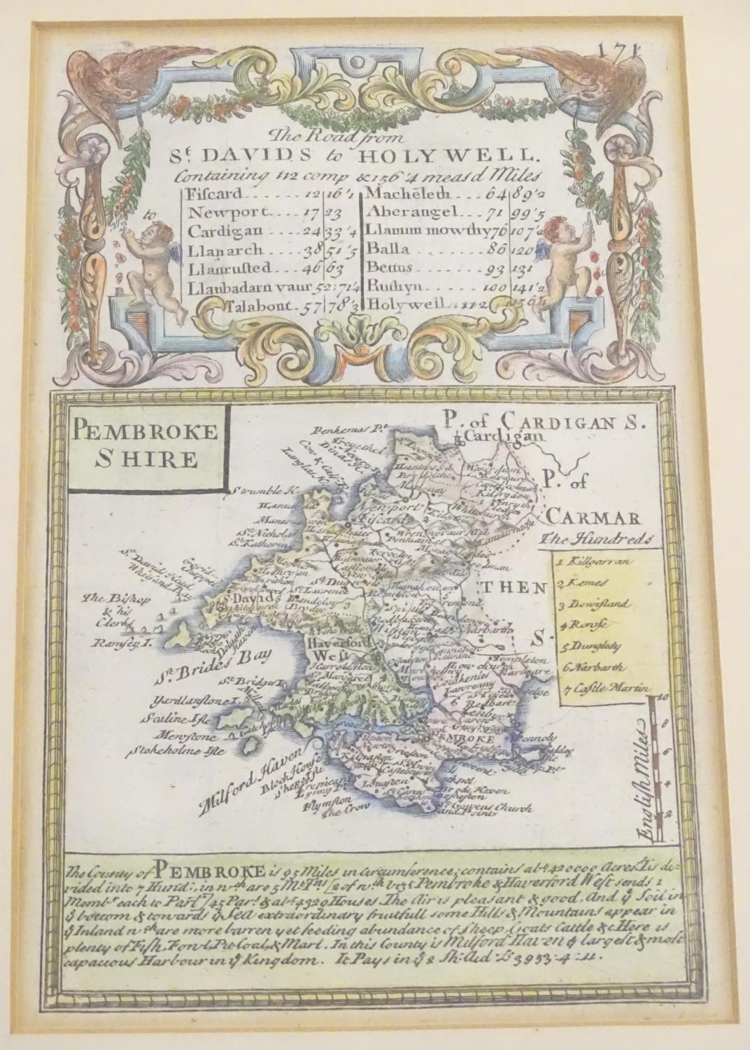 A double glazed 18thC hand coloured map of Pembrokeshire by John Ogilby, published in Owen & Bowen's - Image 4 of 11