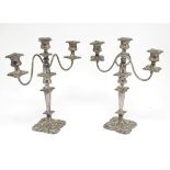 A pair of silver plate three branch table candelabra / candelabrum. Approx. 16 1/2" high. (2) Please