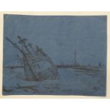 After Samuel Owen (1768-1857), XIX, Old Master lithographic print on blue laid paper, Marine Hulk, A