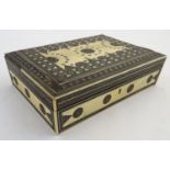 A 19thC ivory and Vizagapatam hinged box of rectangular form with inlaid micromosaic decoration.