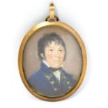 A 19thC English School oval watercolour and bodycolour portrait miniature depicting a military