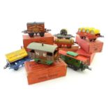 Toys: Seven Hornby Series Gauge O carriages to include Caboose, Side Tipping Wagon, no. 1