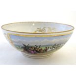 An English 19thC porcelain bowl with hand painted coaching scenes within scrolling gilt borders.