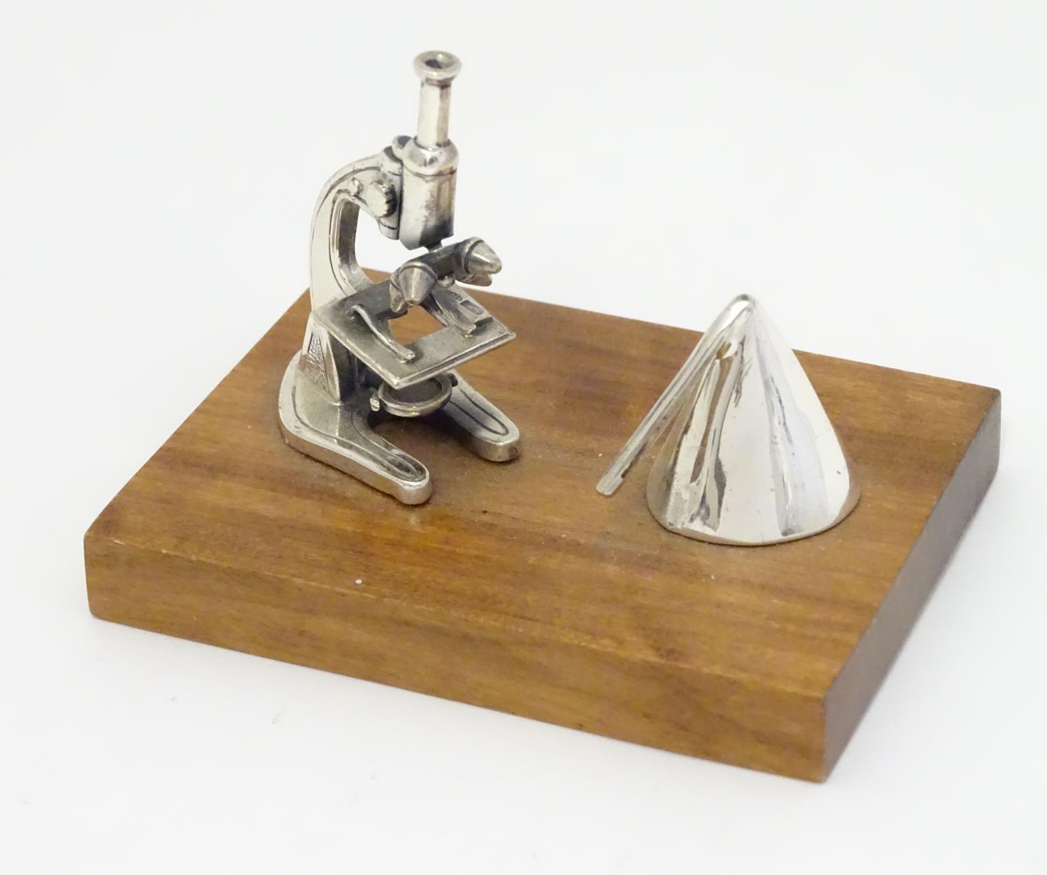 A Continental .925 silver miniature model of a microscope etc. mounted on a wooden base. Approx. - Image 3 of 8