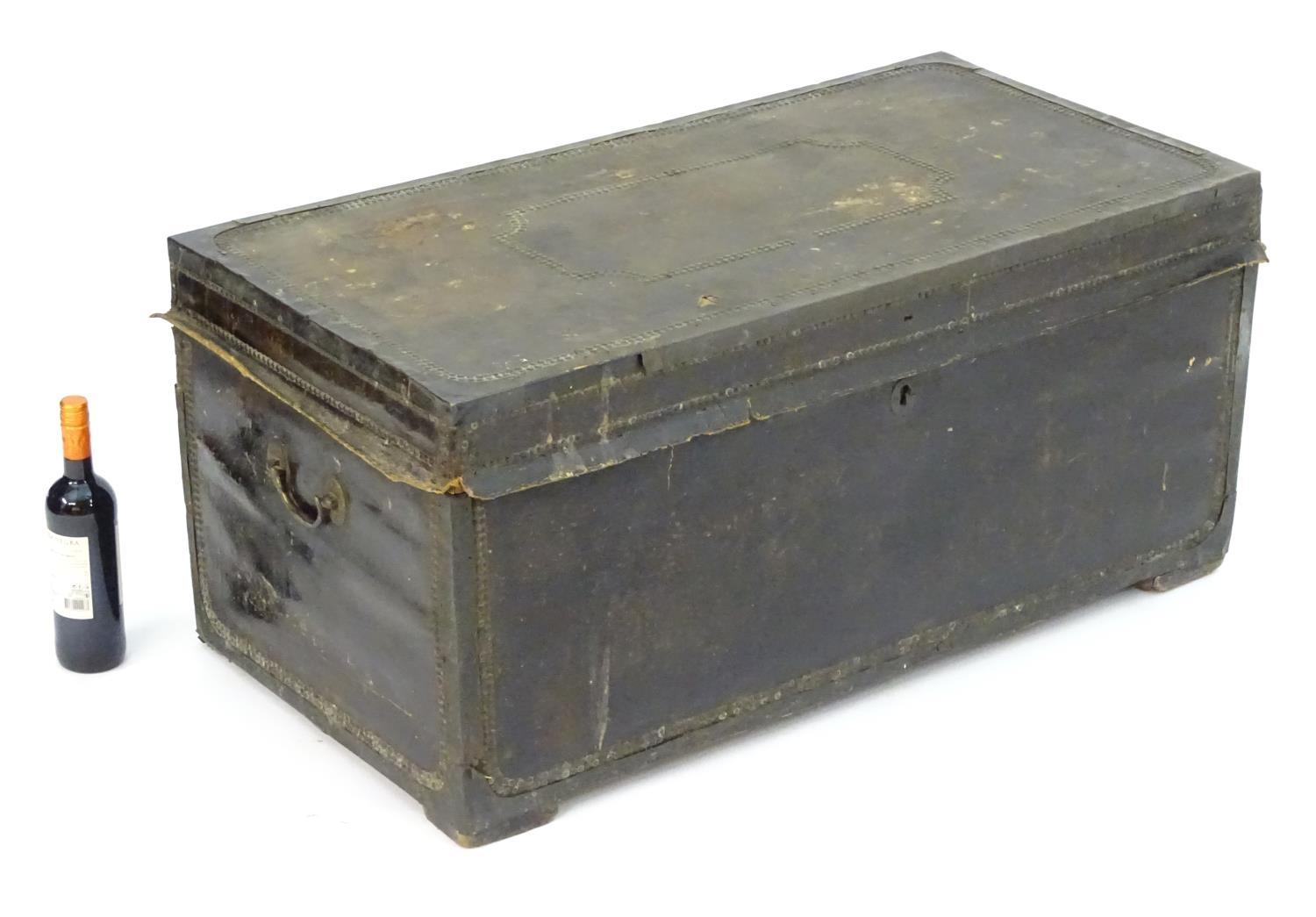 A Regency leather bound camphor wood trunk with brass stud detailing and flanked by carrying - Image 2 of 5