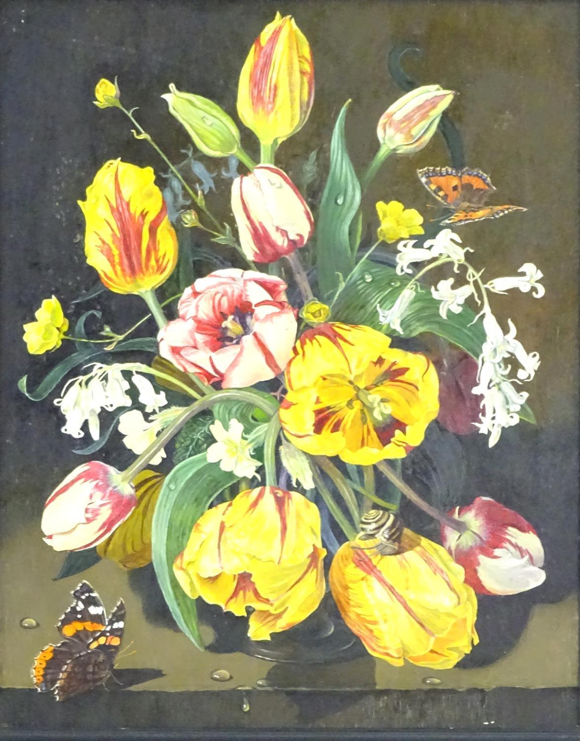 Manner of Susan Vogel (b. 1950), Oil on board, A Dutch style still life study of flowers and a - Image 3 of 4