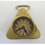 An early 20thC novelty tape measure of triangular form with an incorporated clock face with hands