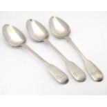 A set of three Victorian silver fiddle pattern tea spoons, hallmarked London 1846, maker Robbert