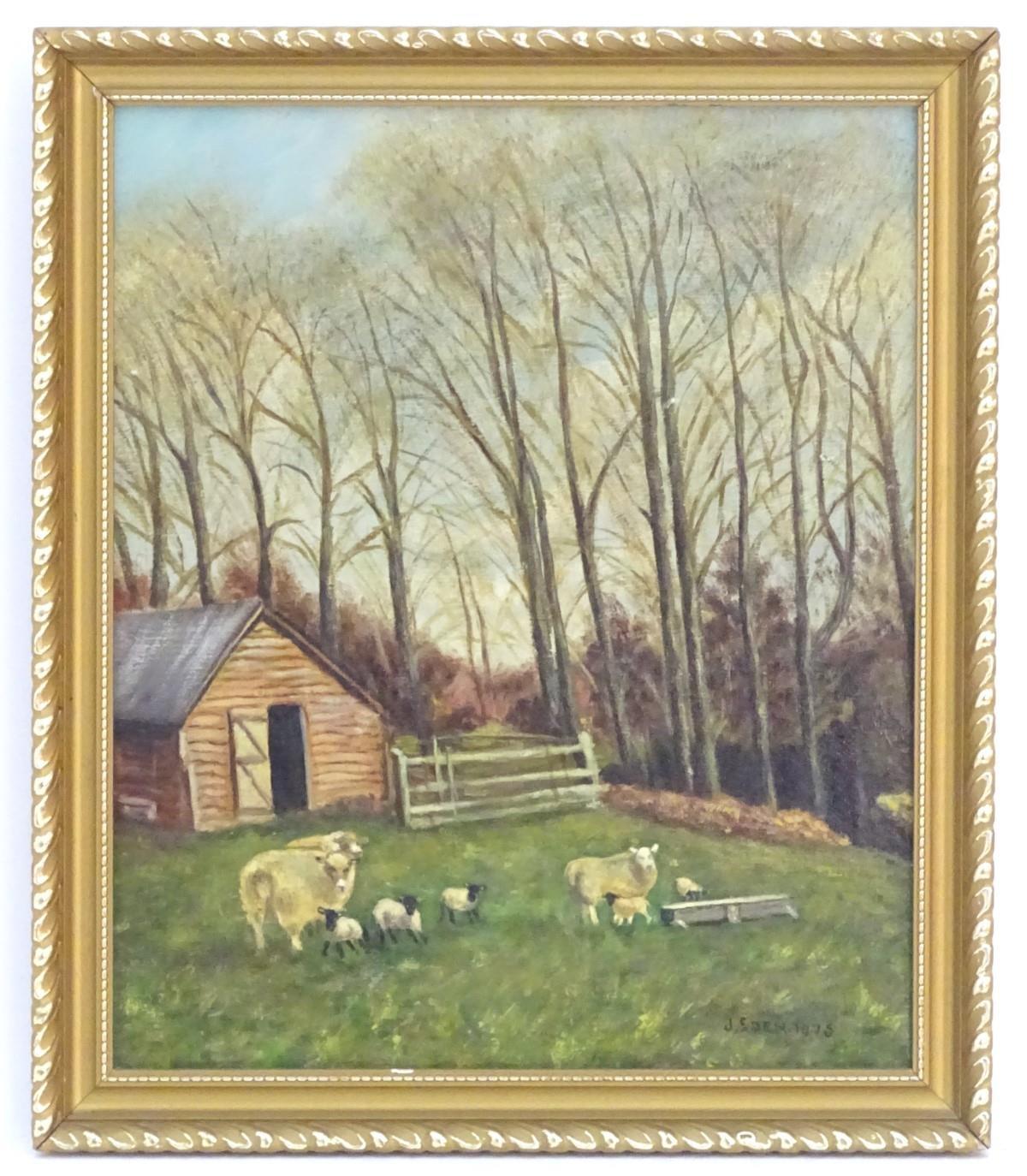J. Eden, XX, English School, Oil on board, A naive depiction of sheep with their lambs on a farm,