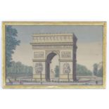 A 19thC print depicting L'arc de Triomphe with figures. Approx. 9 1/2" x 15" Please Note - we do not